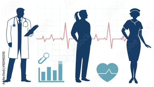 Healthcare team silhouette featuring doctor, nurse, and patient for medical innovation and diagnostics