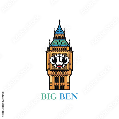 Whimsical cartoon of London's Big Ben clock tower with happy face