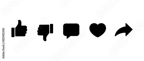 Like, dislike, comment, love, and share icon. Thumbs up, down, chat bubble, heart and send arrow symbol
