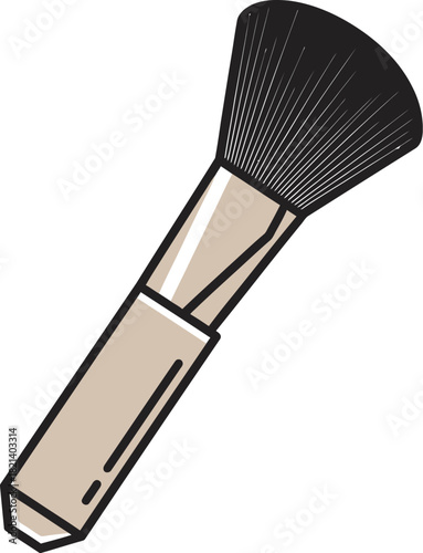 Simple, clean illustration of a makeup brush with a light brown handle and black bristles.