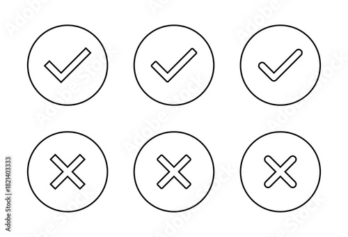 Check mark and cross outline icon in circular line. Tick and X symbol. Correct and incorrect sign