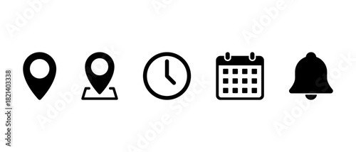 Location, map pin, time, calendar, and bell icon. GPS pointer, place marker, clock, date, and notification symbol