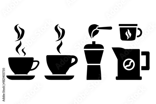Set of black coffee icons including cups, moka pot, and kettle