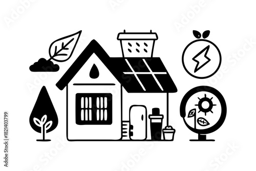 Black and white icon set for green energy and sustainable house