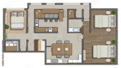 Modern apartment floor plan showcases bedrooms, kitchen, dining, and bath for real estate marketing