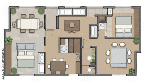 Sophisticated apartment floor plan shows modern living with stylish furniture and open spaces