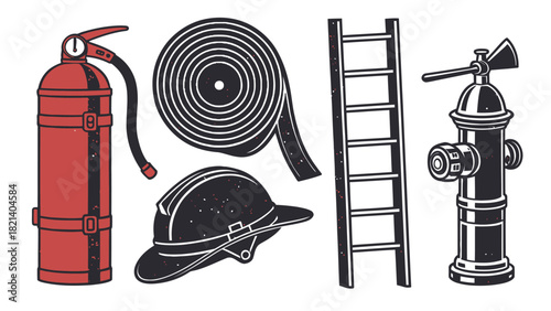 Firefighter's tools showing safety first, with a fire extinguisher, hose, helmet, ladder and hydrant