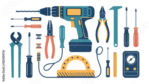 Handyman repair tool kit with drill, pliers, screwdrivers, meter, and other equipment for home repair