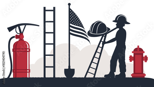 Honoring firefighters with American flag, ladders, fire extinguisher and hydrant silhouette vector