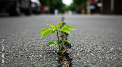Fototapeta Naklejka Na Ścianę i Meble -  Small green plant seedling growing through crack in asphalt road, concept of survival, strength, and nature overcoming urban environment.