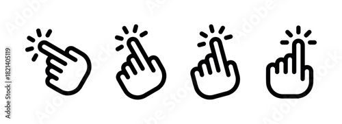 Four hand cursor icons in a row with index finger pointing and clicking on a white background