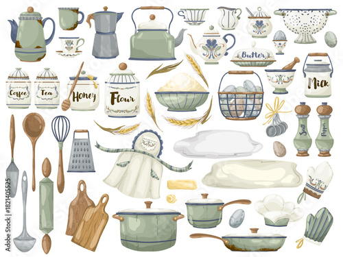 Set of rustic tea service items: Enamel kettle, sugar bowl, teacup, and creamer pitcher. Hand-drawn  illustration in a charming vintage watercolor style, isolated for menu, breakfast