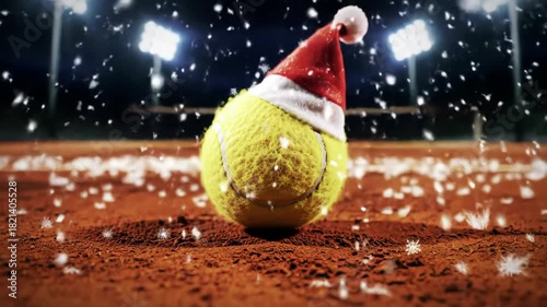 Cinematic Close Up of Tennis Ball with Santa Hat on Clay Court in Snow