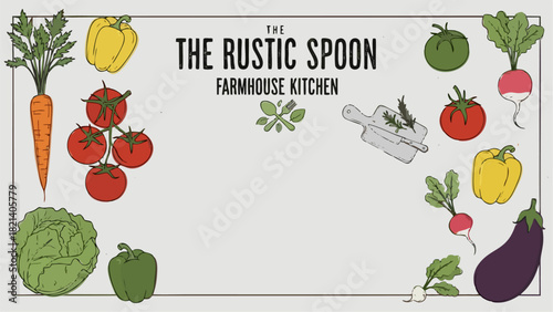 Farmhouse Kitchen Illustration with Vegetables Frame Recipe Card Template