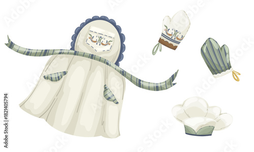 Set of rustic culinary apparel and textile elements: a classic chef's hat (toque), apron, and striped oven mitt. Hand-drawn vector illustration in a cozy watercolor style, isolated for cooking school 