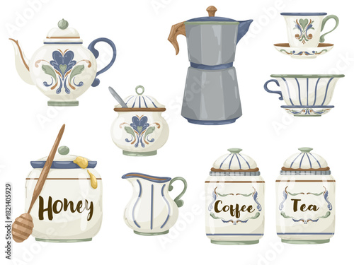 Set of rustic kitchenware elements: Ceramic bowl, pitcher (creamer), teacup, striped oven mitt, and knife. Hand-drawn vector illustration in a vintage watercolor style, isolated for home decor