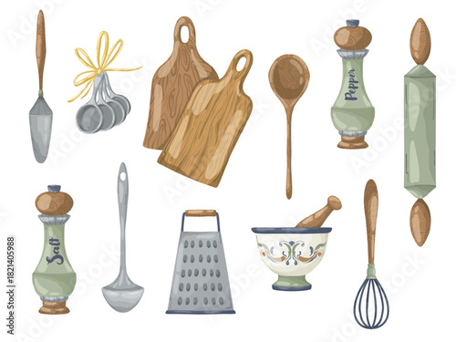 Set of various rustic kitchenware elements: scales, apron, pot holder, mortar and pestle, spatula, and ladle. Hand-drawn vector illustration in a cozy vintage watercolor style, isolated for cooking
