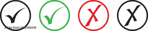 Tick, cross icon set. Yes or no symbol, approved or rejected icon for user interface. Green tick and red cross checkmarks. Green tick and red cross checkmarks. Right or wrong icons

