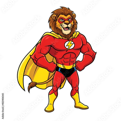 Lion superhero with cape, lightning bolt, muscular cartoon character