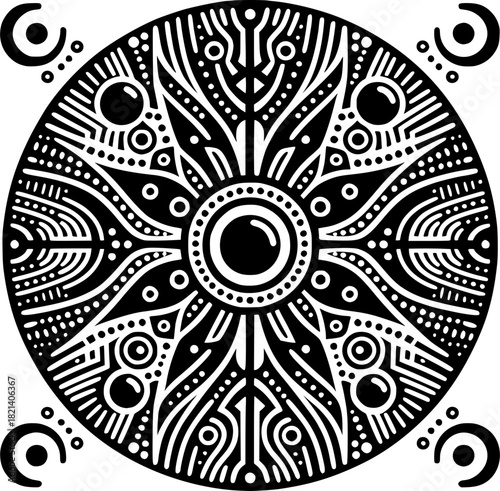Sacred Circle Pattern: An intricate black and white circular pattern, symbolizing balance and harmony, perfect for spiritual or design projects. 
