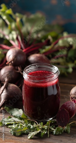 Fresh Beet Juice in a Jar with Beets and Greens.