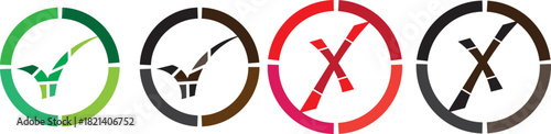 Tick, cross icon set. Yes or no symbol, approved or rejected icon for user interface. Green tick and red cross checkmarks. Green tick and red cross checkmarks. Right or wrong icons

