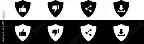 Shield icons with social media symbols including thumbs up, thumbs down, share, and download