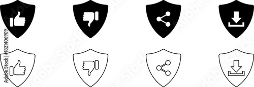 Shield icons with like, dislike, share, and download symbols vector