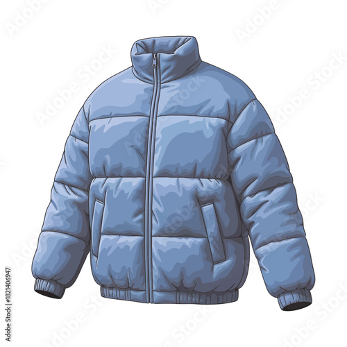 Stylish blue puffer jacket illustration, perfect for fashion design, apparel mockups, or winter promotions, a modern and trendy outerwear choice