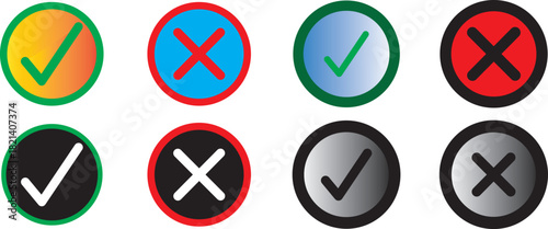 Tick, cross icon set. Yes or no symbol, approved or rejected icon for user interface. Green tick and red cross checkmarks. Green tick and red cross checkmarks. Right or wrong icons

