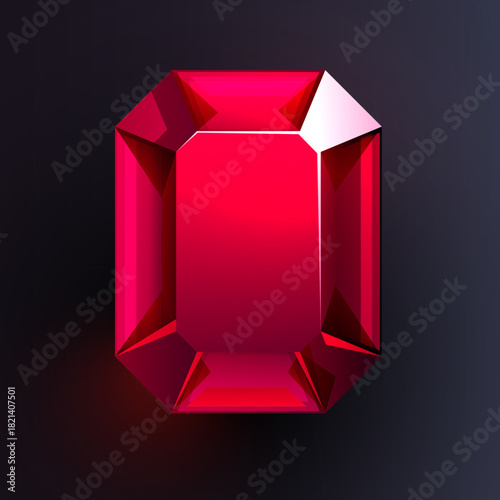 Vibrant Red Emerald Cut Gemstone. A beautiful shining jewel with facets on a dark background. Vector illustration.