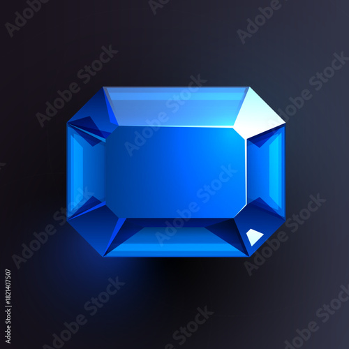 Vibrant blue Emerald Cut Gemstone. A beautiful shining jewel with facets on a dark background. Vector illustration.