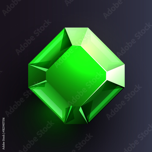 Vibrant green Emerald Cut Gemstone. A beautiful shining jewel with facets on a dark background. Vector illustration.
