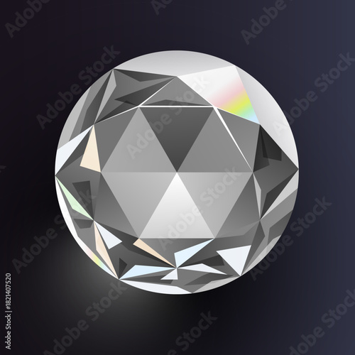 Brilliant cut diamond on a dark background. A sparkling gem symbolizing luxury and purity. Vector illustration