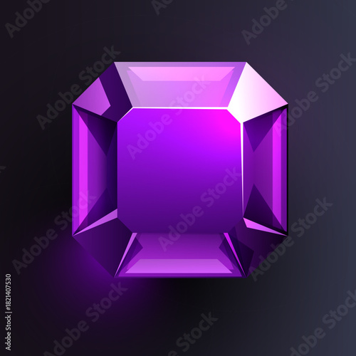 Vibrant purple Emerald Cut Gemstone. A beautiful shining jewel with facets on a dark background. Vector illustration.