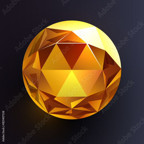 Vibrant yellow faceted gemstone on dark background, shimmering with intricate cuts and reflections. Vector illustration