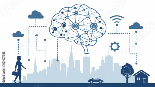 Smart city network concept with AI brain connecting people, data, and technology for future solutions