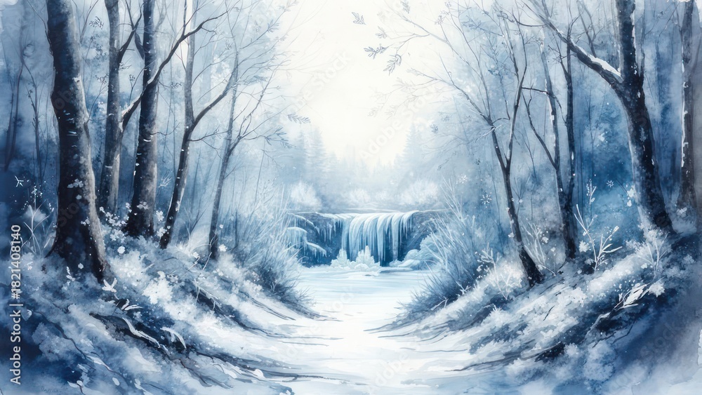 Fototapeta premium A watercolor painting of a snowy forest path leading towards a cascading waterfall