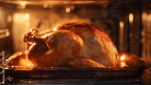 Close-up of a golden-brown roasted turkey or chicken, sizzling on a baking tray inside a brightly lit oven, evokes warmth, family gatherings, holidays, and delicious homemade comfort food.