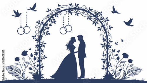Elegant wedding silhouette of couple under floral arch with doves and rings, perfect for romance