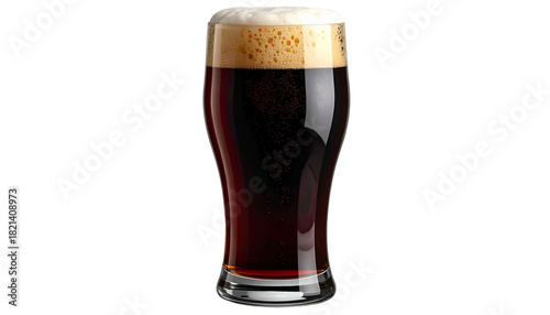 Stout Dark brew with dense, foamy head in tall, curving glass