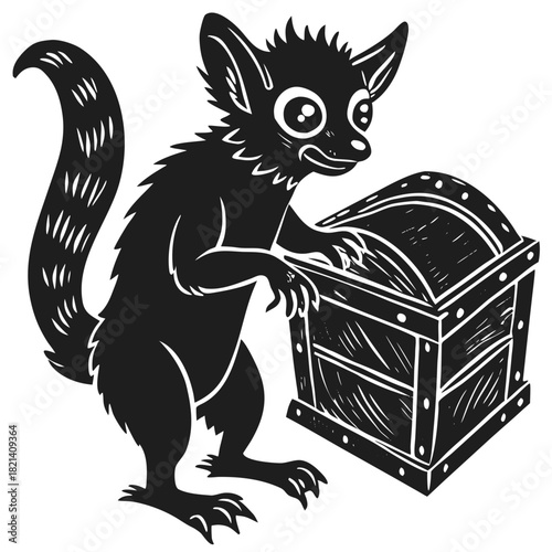 Fantasy creature with long bushy tail and treasure chest art