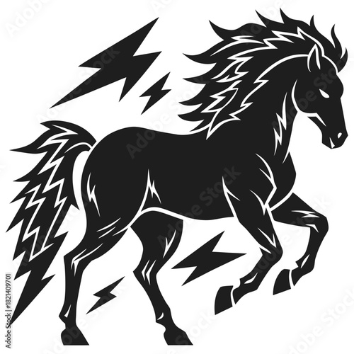 Black horse silhouette with lightning bolts, power, energy, speed