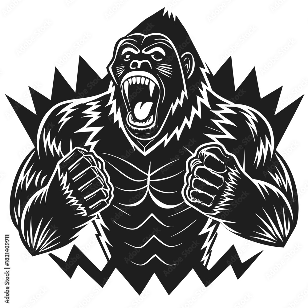 Obraz premium Aggressive roaring gorilla illustration with clenched fists power