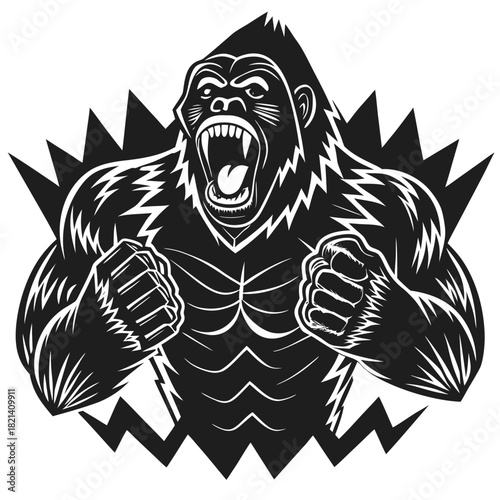 Aggressive roaring gorilla illustration with clenched fists power