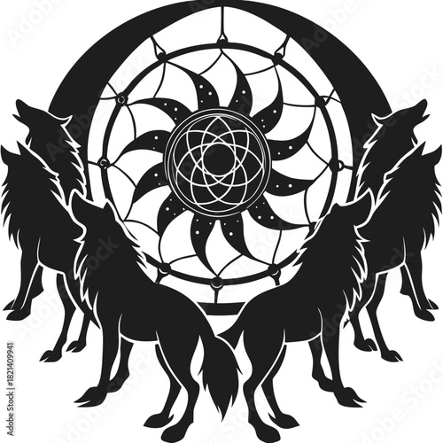 Tribal wolf pack dreamcatcher mystic graphic illustration design