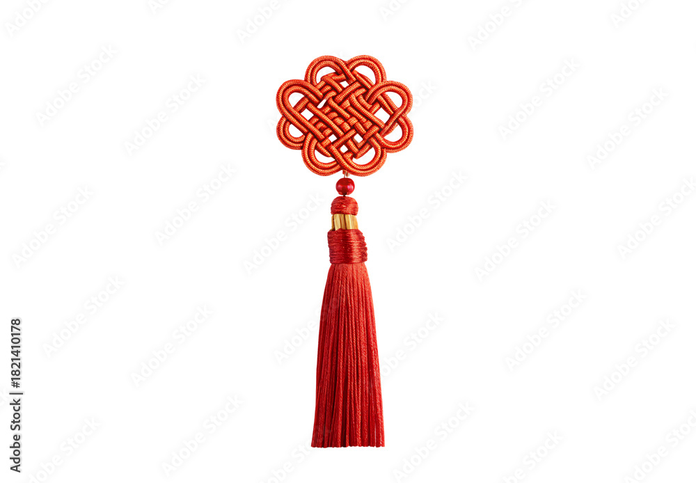 Obraz premium Red and gold Chinese decorative knot tassel with intricate woven pattern, isolated on a transparent background