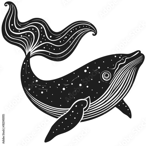 Stylized black and white whale with a celestial decorative pattern