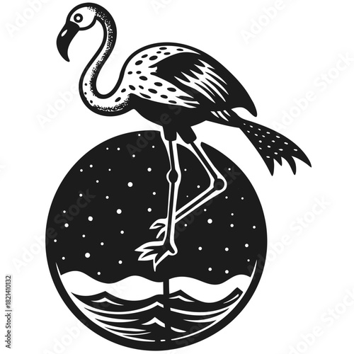 Stylized flamingo standing on a cosmic water globe design art