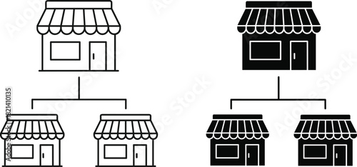 Business hierarchy icons, storefront structure, franchise model, black and white shops, retail network, parent store, subsidiary, outline, solid, scalable